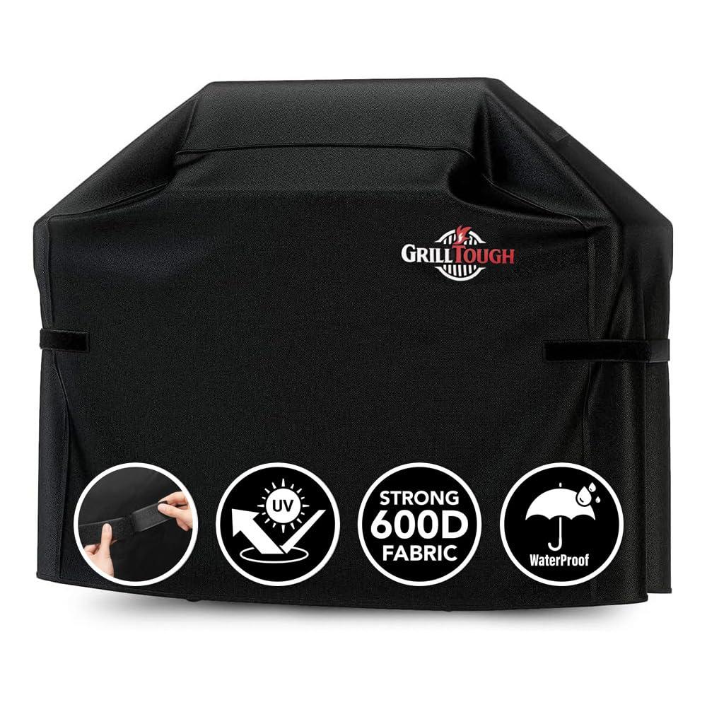 GrillTough Heavy Duty BBQ Grill Cover for Outdoor Grill, 58 Inch – Waterproof, Weather Resistant, UV & Fade Resistant with Adjustable Straps Gas Weber, Genesis, Charbroil, etc. Black - CookCave