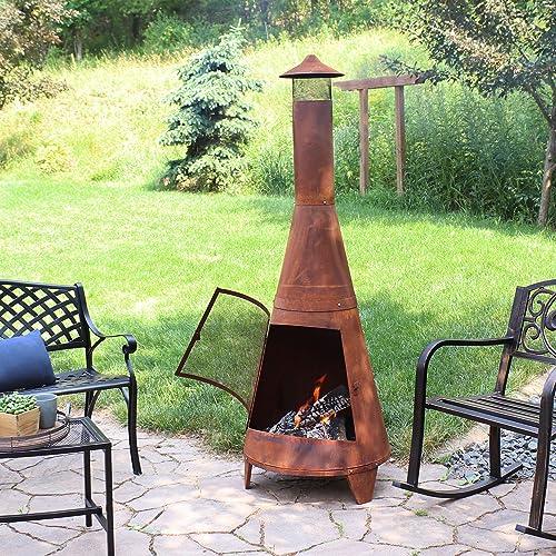 Sunnydaze 70-Inch Rustic Heavy-Duty Steel Chiminea with Rain Cap and Mesh Spark Screen - Rust Patina Finish - CookCave