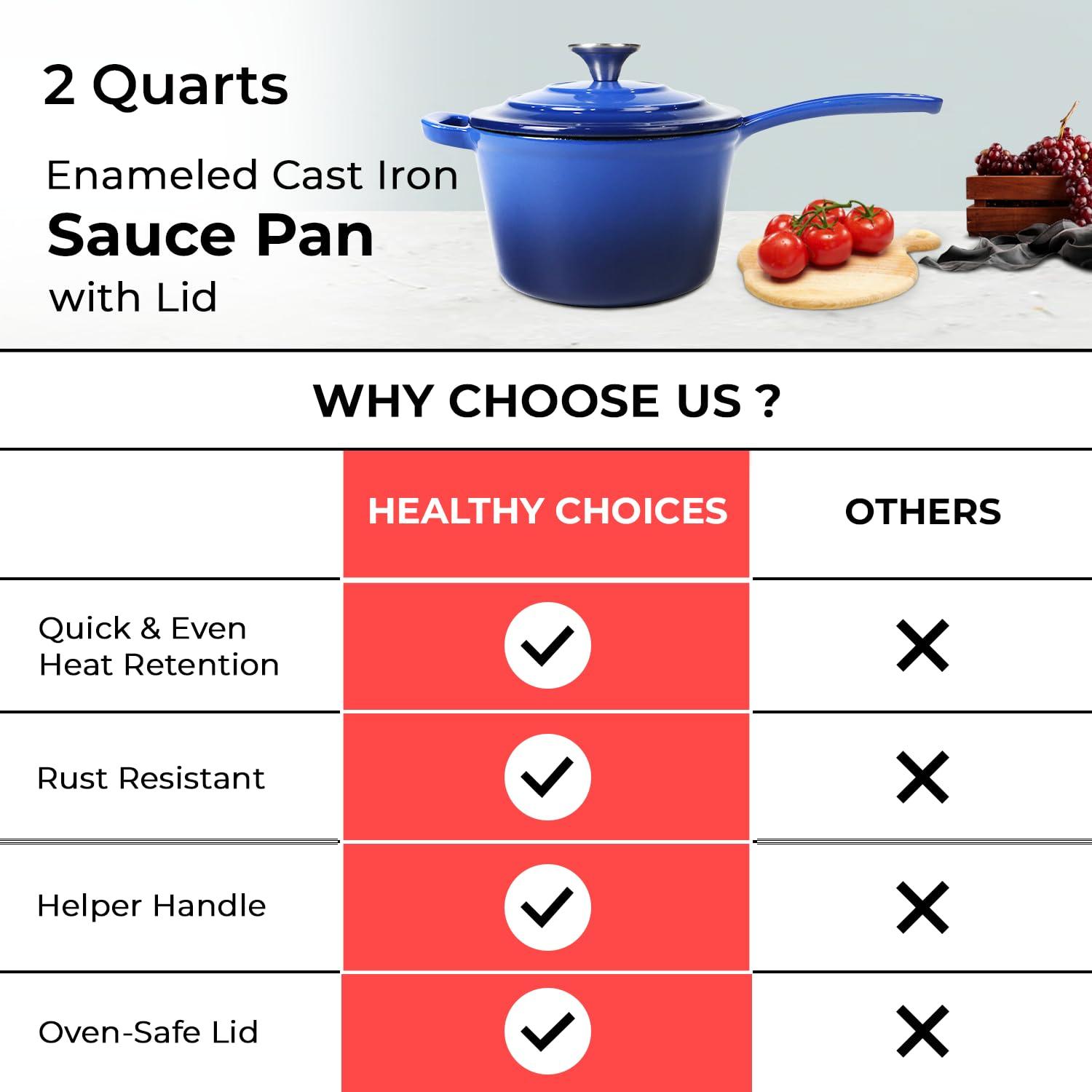 Healthy Choices 2 Qt Enamel Cast Iron Sauce Pot with Lid, Blue Sauce Pan for Small Servings of Pasta Sauce/Gravy, Wedding Gift Ideas, Even Heat Distribution, Dishwasher Safe, All Cooktops - Upto 500°F - CookCave