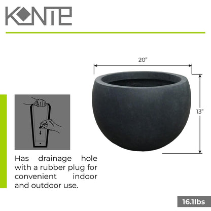 Kante 19.9" Dia Round Concrete Planter, Outdoor/Indoor Large Bowl Plant Pots with Drainage Hole and Rubber Plug for Garden Patio Balcony Home, Charcoal - CookCave