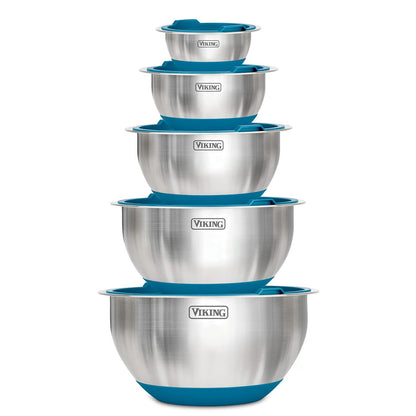 VIKING Culinary Stainless Steel Mixing Bowl Set, 10 piece, Non-slip Silicone Base, Includes Airtight Lids, Dishwasher Safe, Teal - CookCave