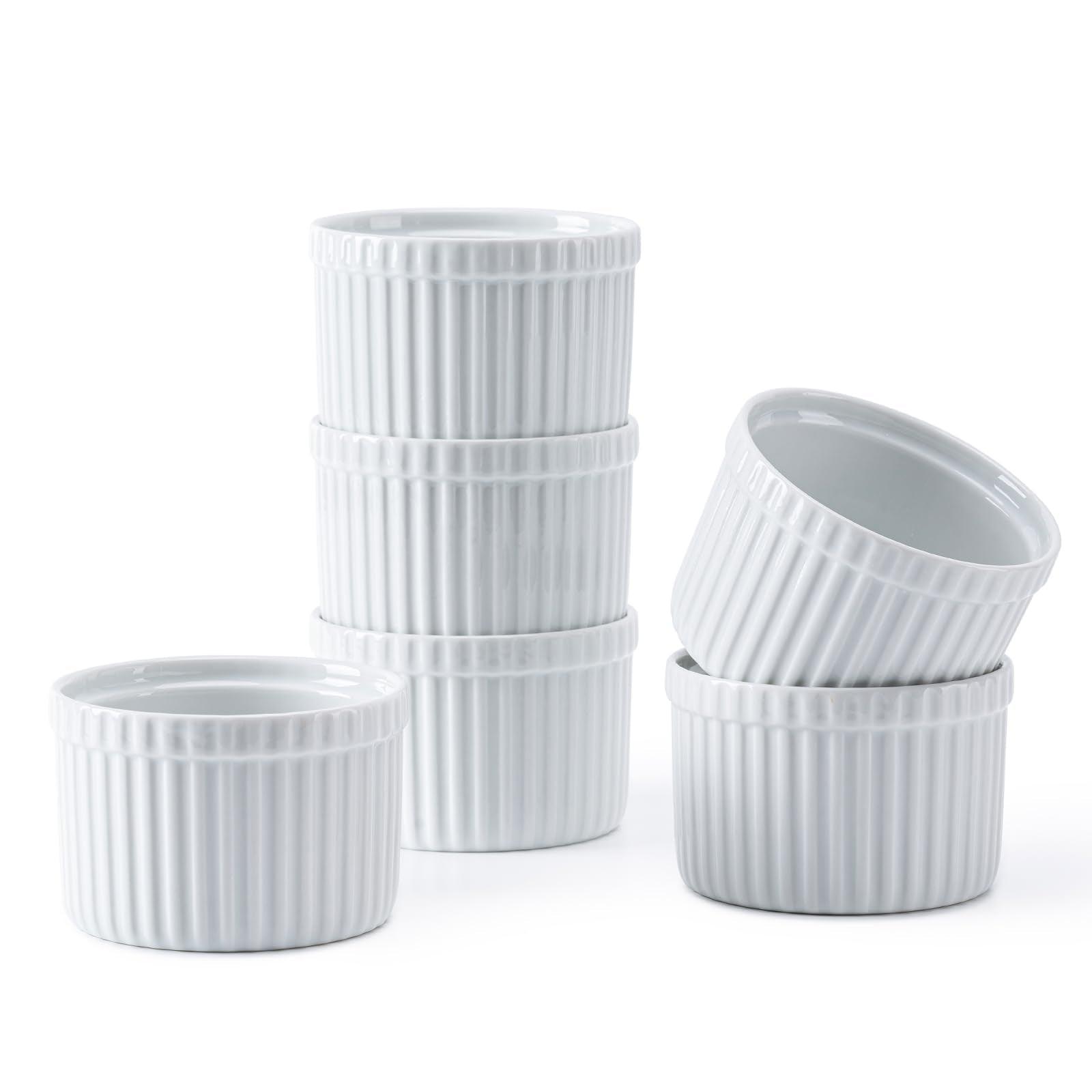 Amrules Ramekins 4 oz, Ramekin Set of 6 for Creme Brulee, White Ceramic Ramekins Bowls with Embossed Strips, Fluted Small bowl Cups Oven Safe for Baking Custard, Pudding, Muffins Cake - CookCave