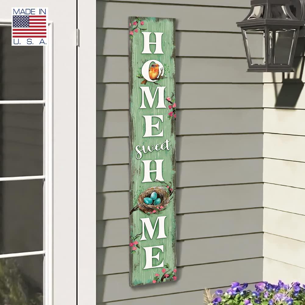 My Word! Home Sweet Home Robin & Nest Porch Board Welcome Sign and Porch Leaner for Front Door Porch Deck Patio or Wall Indoor Outdoor Spring Farmhouse Rustic Vertical Porch and Yard Decor – 8”x46.5” - CookCave