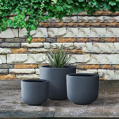 Kante 13",11",9" Dia Round Concrete Large Plant Pots Outdoor Indoor Planters Bowl with Drainage Hole for Patio, Set of 3,Charcoal - CookCave