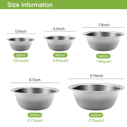 Ismosm Mixing Bowls Set, Stainless Steel Mixing Bowl Set of 5, Space-Saving Nesting Metal Mixing Bowls for Home Kitchen, RV Kitchen, Baking, Prep, Cooking, Serving, Marinating - CookCave