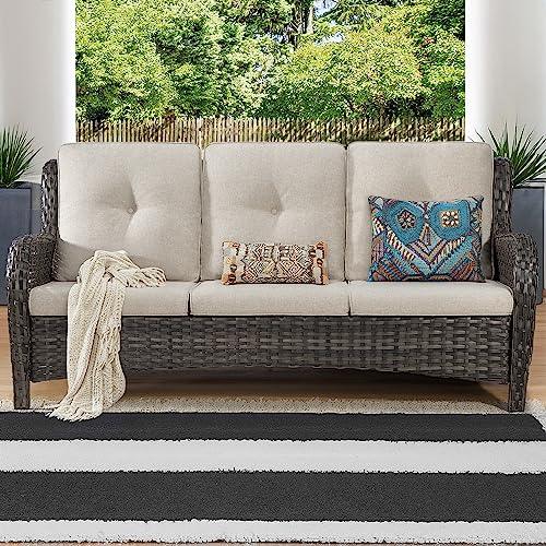 Joyside Outdoor Patio Couch Wicker Sofa - 3 Seater Rattan Sofa for Outside Patio Garden with Deep Seating and Olefin Cushions(Mixed Grey/Beige) - CookCave