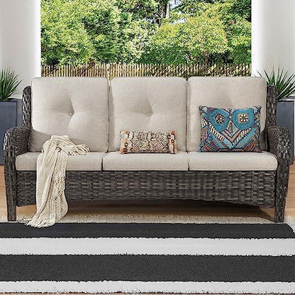 Joyside Outdoor Patio Couch Wicker Sofa - 3 Seater Rattan Sofa for Outside Patio Garden with Deep Seating and Olefin Cushions(Mixed Grey/Beige) - CookCave