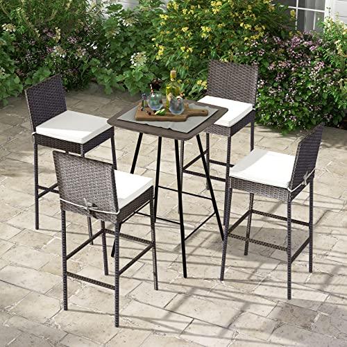 Tangkula Set of 2 Patio Wicker Barstools, Outdoor Bar Height Chair w/Soft Seat Cushion & Cozy Footrest, Heavy-Duty Metal Frame, 400 lbs Max Load, Mix Brown Rattan Bar Chair for Backyard, Balcony - CookCave