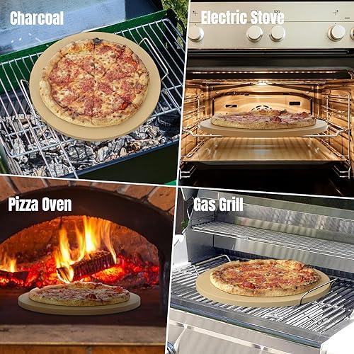 Round Pizza Stone for Grill 16 inch with Handles - Heavy Duty Cordierite Pizza Stone for Oven - Caprihom 0.67" Thickness Thermal Shock Resistant Baking Stone, Includes Metal Rack & Scraper - CookCave