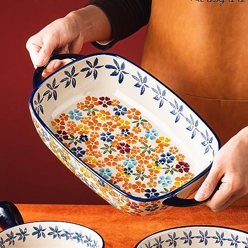 ONECCI Retro pastoral style Ceramic Baking Dish Rectangular Bakeware Set Baking Pan, 2-piece Hand-painted Porcelain Baking pan with handle, Casserole Dish for Oven/Cooking/Kitchen (Colorful Flower) - CookCave