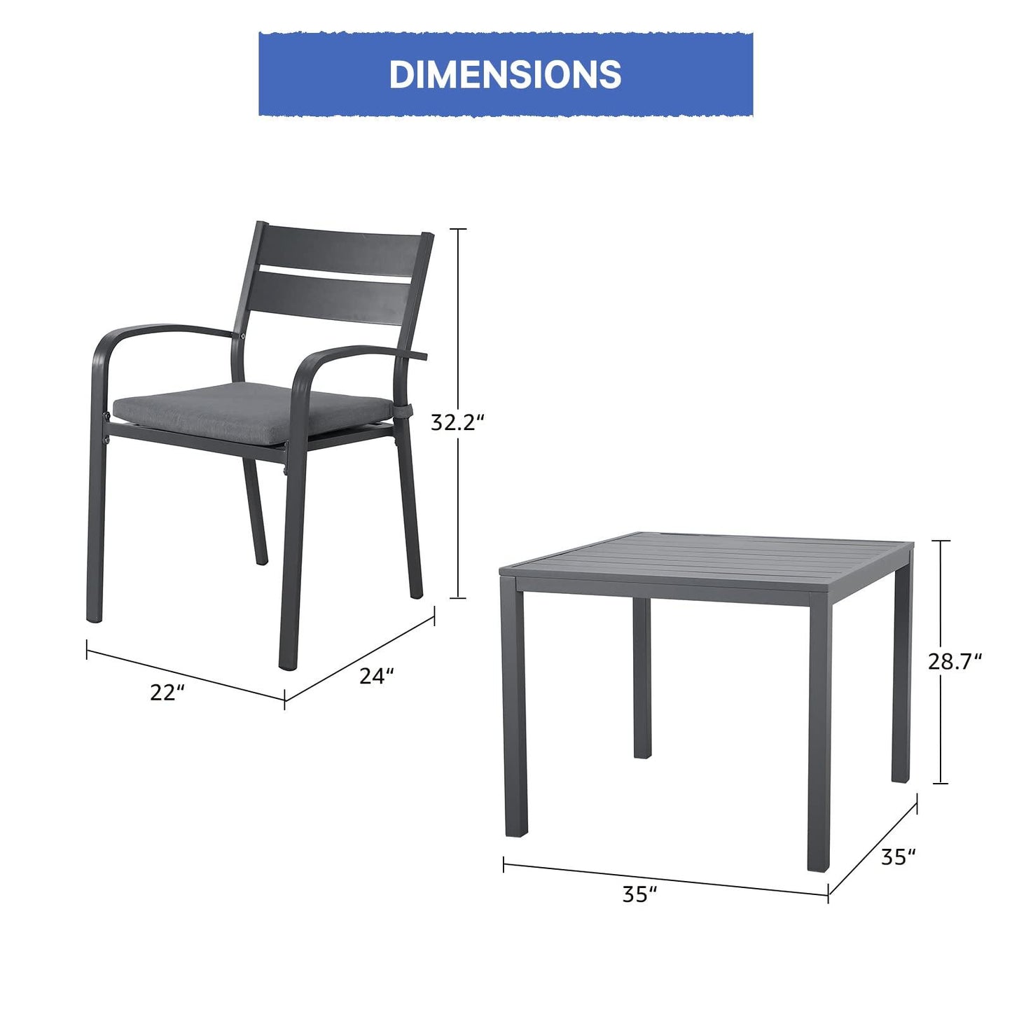 Soleil Jardin Aluminum 5 Piece Outdoor Furniture Dining Set, Patio Dining Furniture Set with 35" Square Table and 4 Stackable Chairs for Garden, Backyard, Dark Grey Finish & Grey Cushion - CookCave