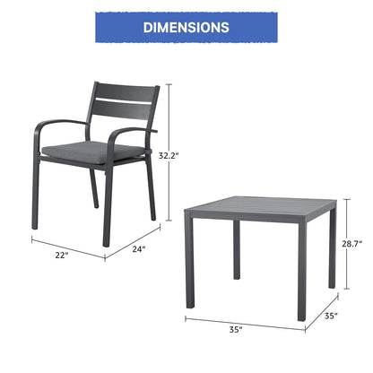 Soleil Jardin Aluminum 5 Piece Outdoor Furniture Dining Set, Patio Dining Furniture Set with 35" Square Table and 4 Stackable Chairs for Garden, Backyard, Dark Grey Finish & Grey Cushion - CookCave