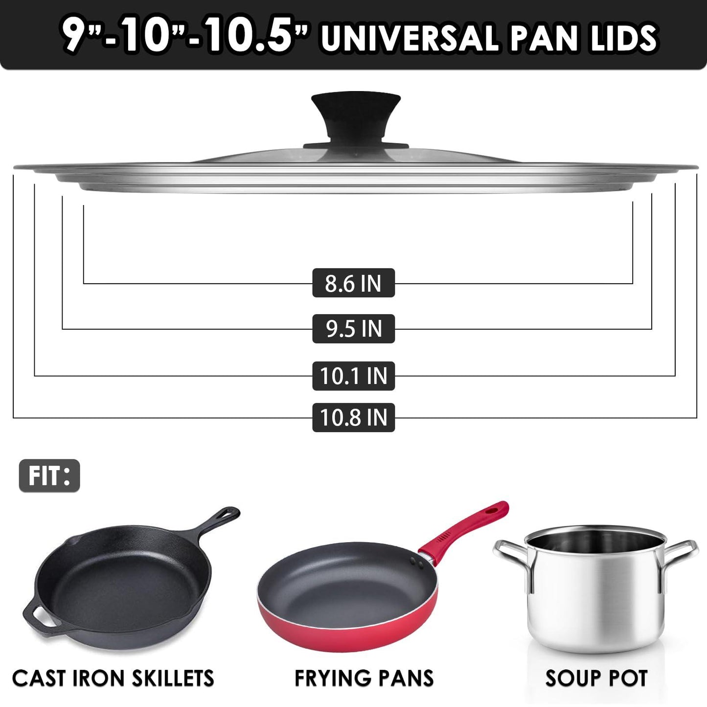 GDDGCUO Universal Lid for Pots and Pans, Fits 9", 10" & 10.5" Diameter Cookware, Replacement Stainless Steel Skillets lids, Heat Resistant Frying Pan lid, Dishwasher Safe and BPA Free - CookCave