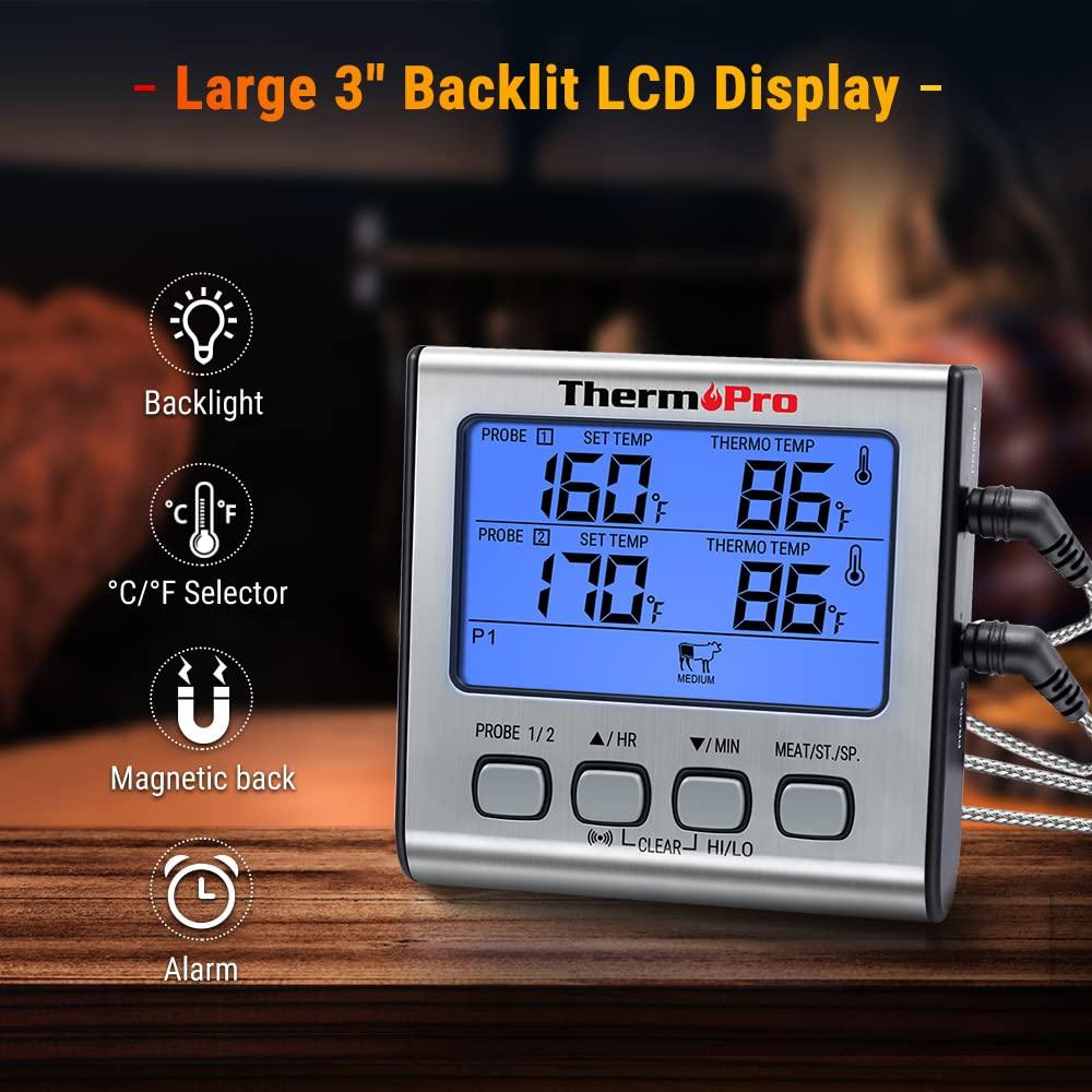 ThermoPro TP-17 Dual Probe Digital Cooking Meat Thermometer Large LCD Backlight Food Grill Thermometer with Timer Mode for Smoker Kitchen Oven BBQ, Silver - CookCave