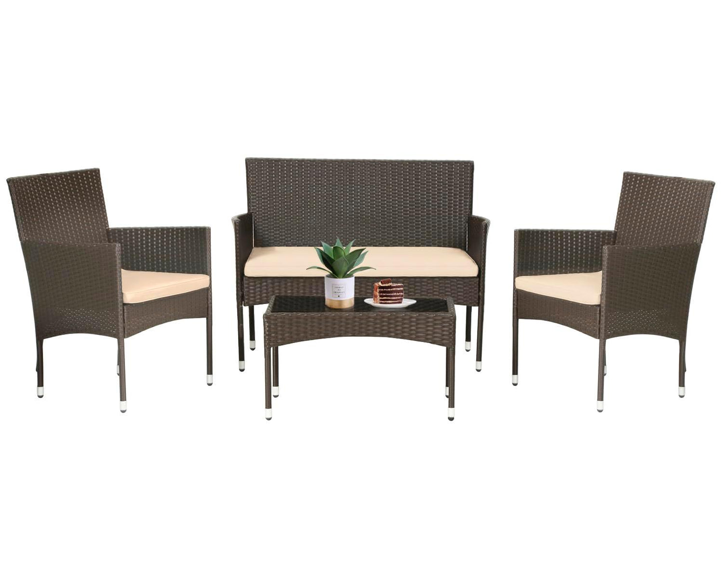 FDW Patio Furniture Set 4 Pieces Outdoor Rattan Chair Wicker Sofa Garden Conversation Bistro Sets for Yard (Brown) - CookCave