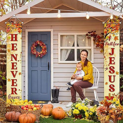 YE Fall for Jesus Porch Sign Banner Decoration- Fall for Jesus He Never Leaves Hanging Door Banner for Indoor Outdoor Autumn Christian Religion Decoration Thanksgiving Supplies, 70.8x11.8inch - CookCave