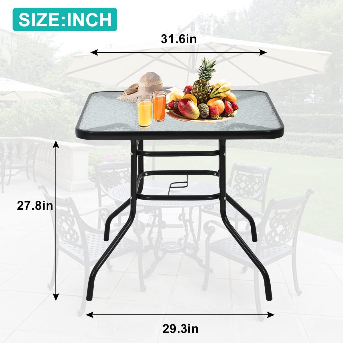 Dlewmsyic Outdoor Dining Table with Umbrella Hole, Patio Dining Table 32 inches Square Tempered Glass Metal Table Dining Bistro Table Furniture Set for Balcony, Backyard, Poolside, Sunroom, Black - CookCave