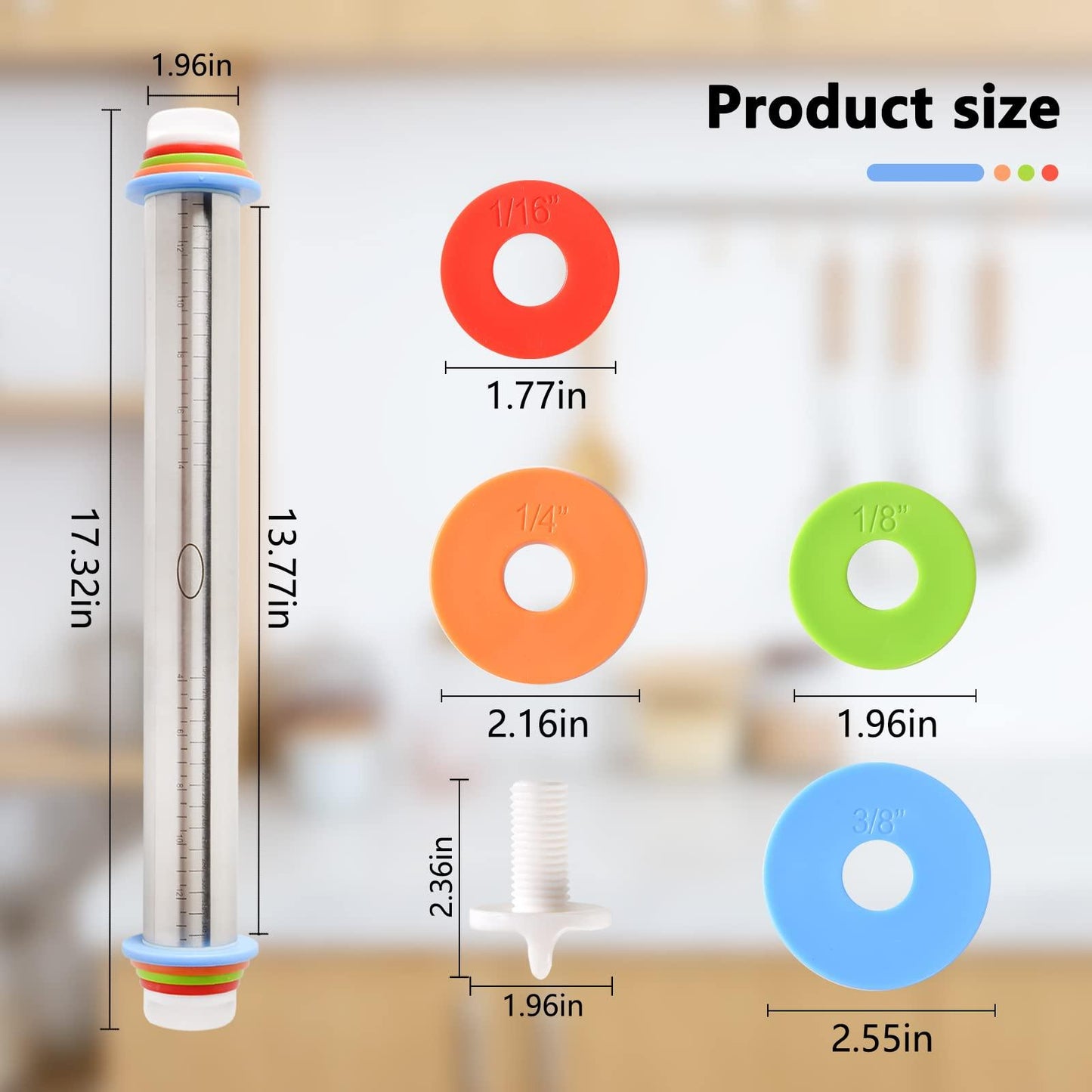 Adjustable Rolling Pin With 4 Thickness Rings, Stainless Steel Dough Roller Pizza Roller Handle Press Design With Measurement Guide For Baking, Fondant, Pizza, Pie Crust, Cookie - CookCave