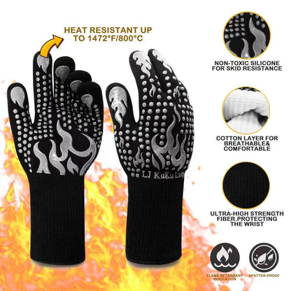 BBQ Heat Resistant Gloves, 1472 Degree F Cut-Resistant Grill Gloves for Heat Resistant Cooking, Outdoor Grill, Barbecue, Oven, Cooking, Kitchen and Baking - LJ KuKu Lady - CookCave