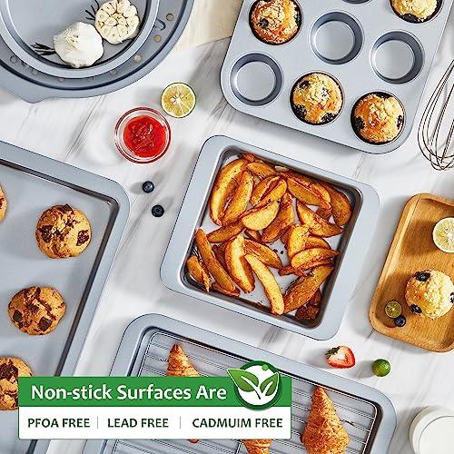 HONGBAKE Bakeware Sets, Baking Pans Set, Nonstick Oven Pan for Kitchen with Wider Grips, 10-Pieces Including Rack, Cookie Sheet, Cake Pans, Loaf Pan, Muffin Pan, Pizza Pan - Sliver - CookCave