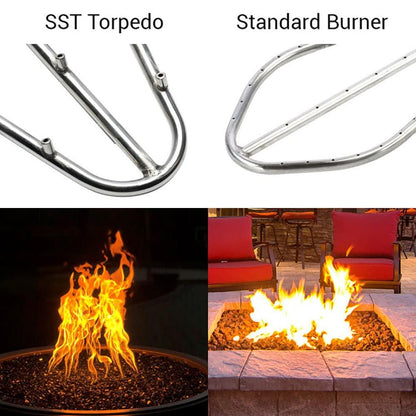 HPC Fire Push Button Flame Sensing Gas Fire Pit Kit (TOR-PENTA37FPPK-FLEX-LP), 37" Pan, 30" Penta Torpedo Burner, Propane for Bulk Tank - CookCave