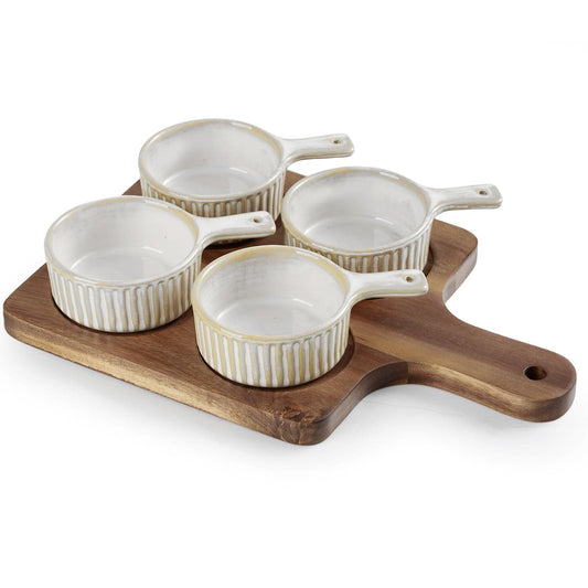 Getstar Creme Brulee Ramekins, 4 oz Small Ceramic Baking Dish Set of 4 with Acacia Wood Board - CookCave