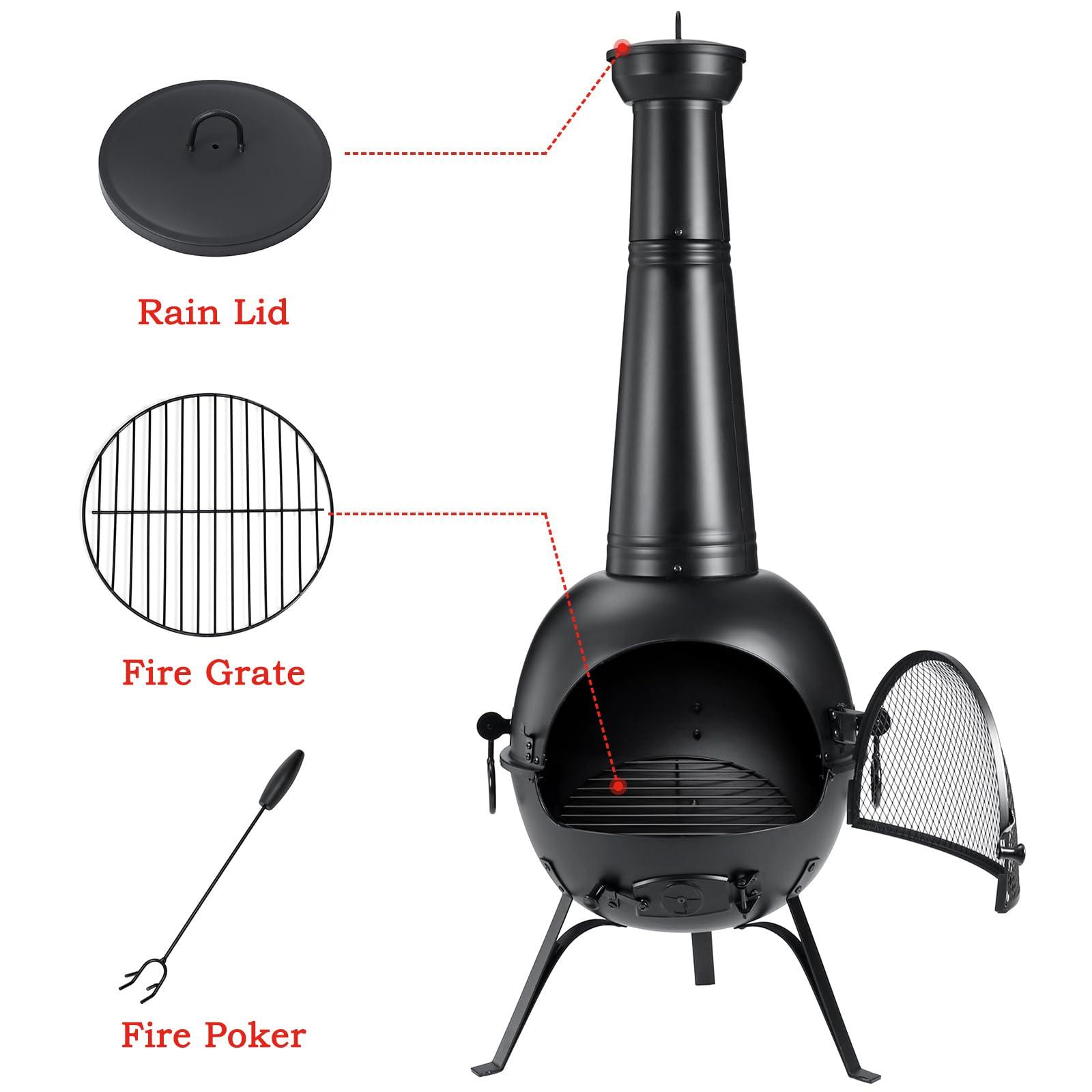 SINGLYFIRE Prairie Fire Outdoor Chiminea Fireplace Deck or Patio Backyard Wooden Fire Pit with Chiminea Cover Rust-Free Iron Black - CookCave