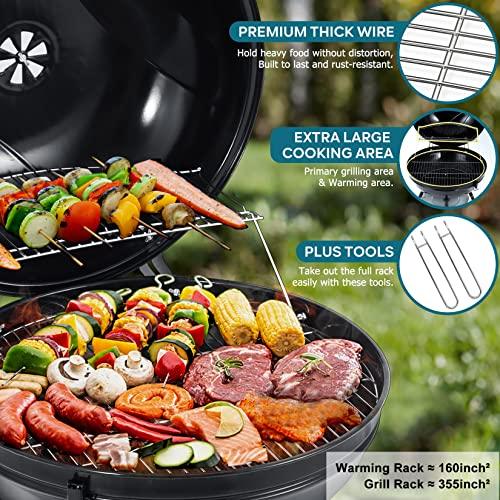 Joyfair 22-inch Kettle Charcoal Grill with Thermometer, 2 Layer Racks Barbecue Grill for Outdoor Camping Backyard Party BBQ Cooking, Premium Material & Heavy Duty, Extra Thick Steel & Enamel Coated - CookCave