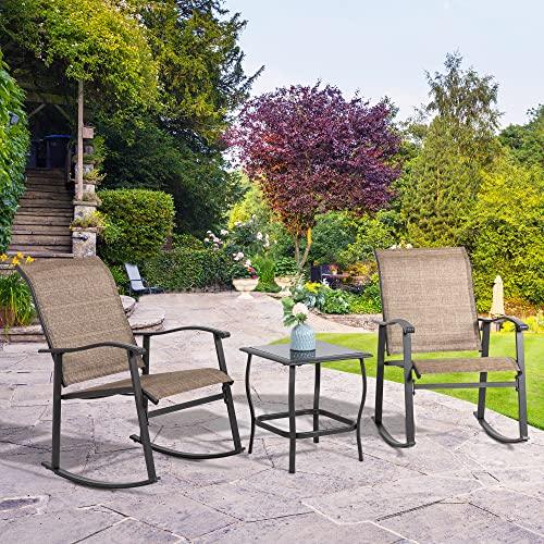 Shintenchi 3 Piece Rocking Bistro Set, Outdoor Furniture with Rocker Chairs and Glass Coffee Table Set of 3, Balcony, Porch Furniture for Small Space, Brown - CookCave