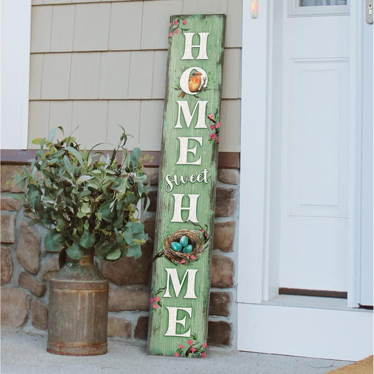 My Word! Home Sweet Home Robin & Nest Porch Board Welcome Sign and Porch Leaner for Front Door Porch Deck Patio or Wall Indoor Outdoor Spring Farmhouse Rustic Vertical Porch and Yard Decor – 8”x46.5” - CookCave