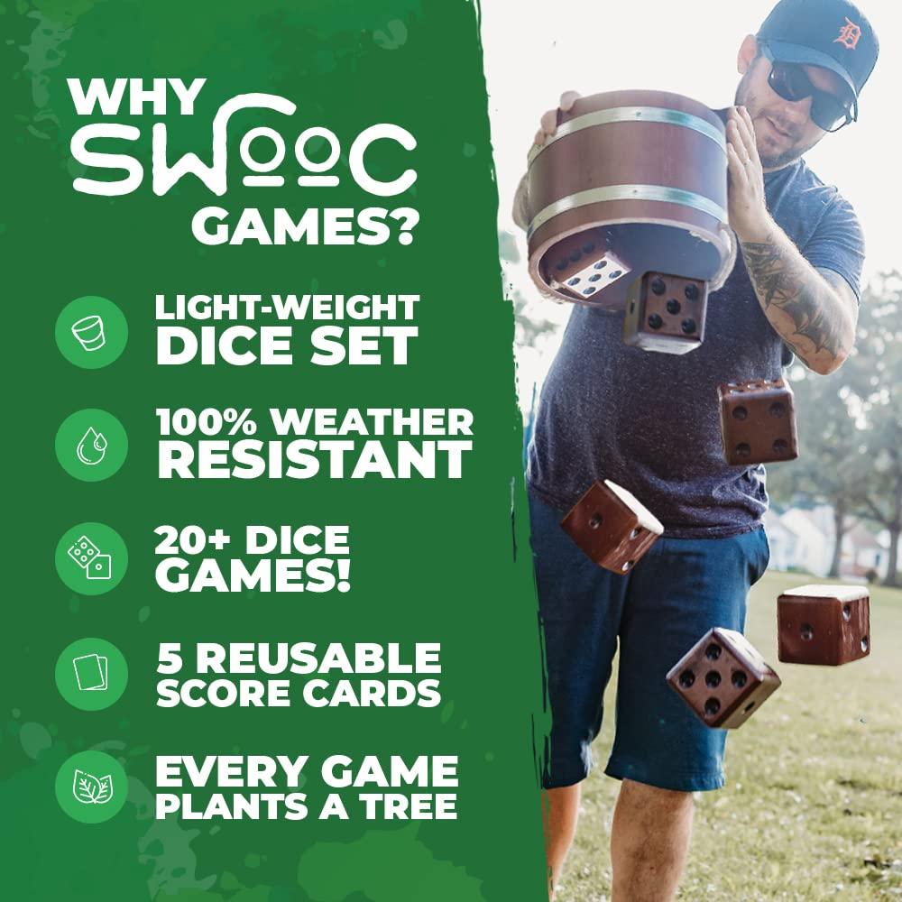 SWOOC Games - Yardzee, Farkle & 20+ Games - Light-Weight Yard Dice Game Set (All Weather) with Wood Bucket, 5 Big Laminated Score Cards, and Marker (Choose 2.5in or 3.5in Dice) Yard Games for Family - CookCave
