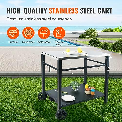 VEVOR Outdoor Grill Dining Cart with Double-Shelf, BBQ Movable Food Prep Table, Multifunctional Stainless Steel Table Top, Portable Modular Carts for Pizza Oven, Worktable with 2 Wheels, Carry Handle - CookCave