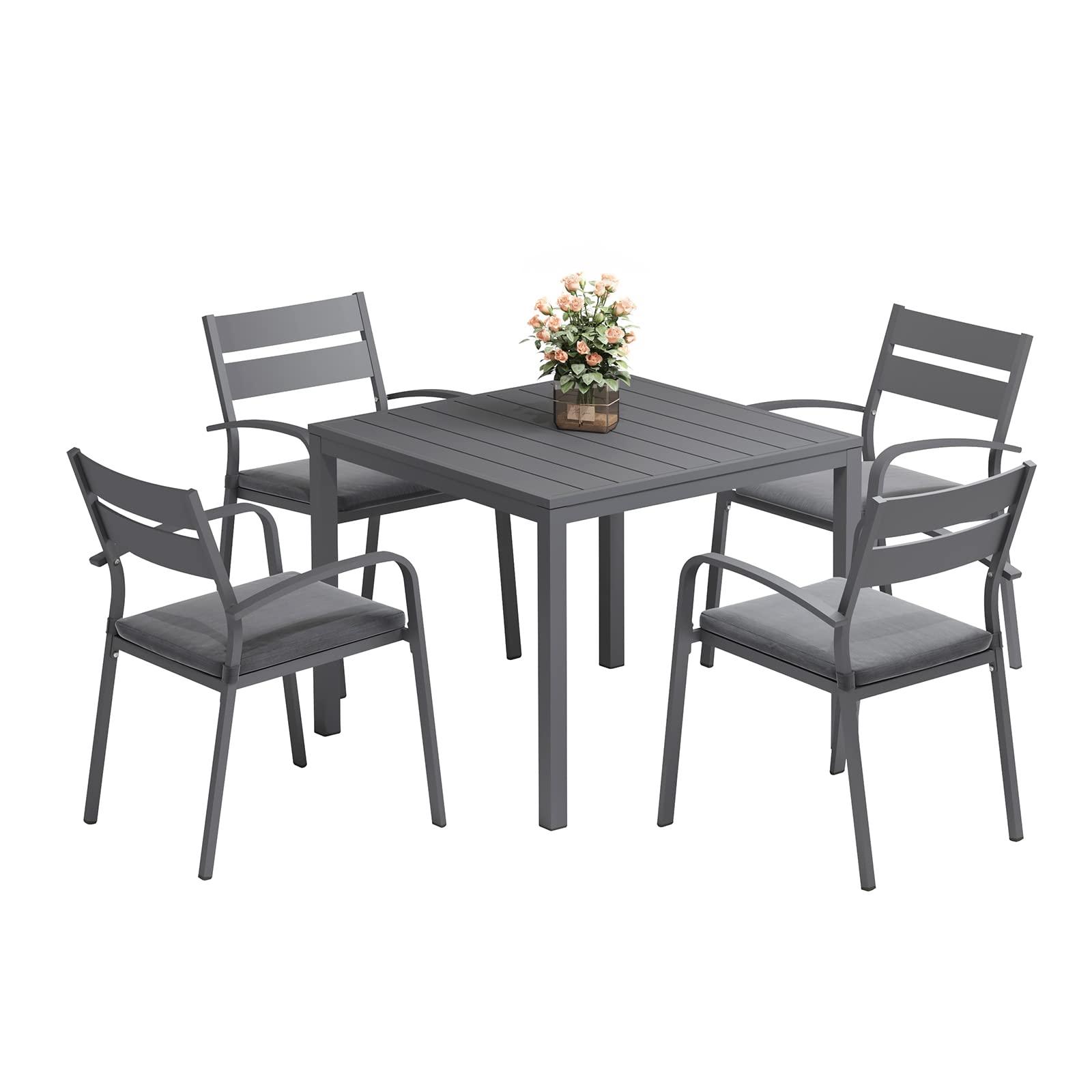 Soleil Jardin Aluminum 5 Piece Outdoor Furniture Dining Set, Patio Dining Furniture Set with 35" Square Table and 4 Stackable Chairs for Garden, Backyard, Dark Grey Finish & Grey Cushion - CookCave