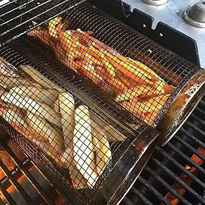 Rolling Grilling Basket - Rolling Grilling Basket for Outdoor Grilling, Round Stainless Steel Grilling Mesh, Camping Grill for Grilling Meat, Vegetables, Chips, Fish - Multipurpose Grilling Mesh - CookCave