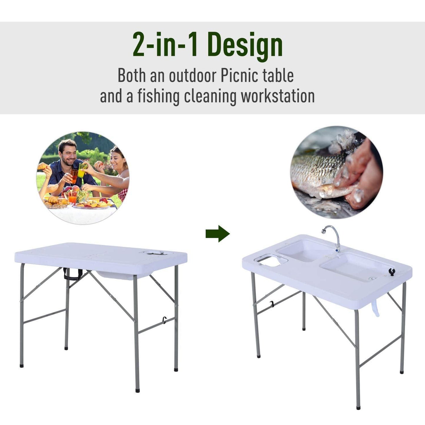 Outsunny Folding Camping Table with Faucet and Dual Water Basins, Outdoor Fish Table Sink Station, for Picnic, Fishing, 40'' - CookCave