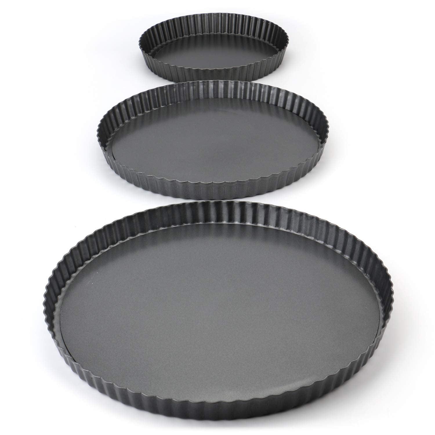 Tosnail Set of 3 Non-Stick Round Quiche Pan, 12 Inch, 10 Inch, 8 Inch Fruit Tart Pan, Fluted Pie Pan with Removable Bottoms - CookCave