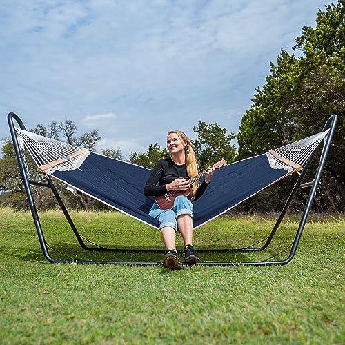 SUNCREAT Hammocks for Outside with 10 ft Stand, Space Saving Heavy Duty Backyard Standing Hammock, Blue - CookCave