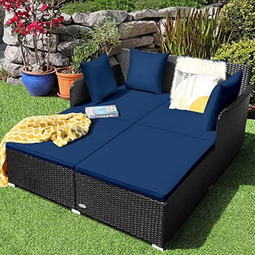 HAPPYGRILL Patio Rattan Daybed Outdoor Loveseat Sofa Set with Padded Cushion Pillows and Sturdy Aluminum Foot Wicker Patio Furniture for Garden Porch Poolside - CookCave