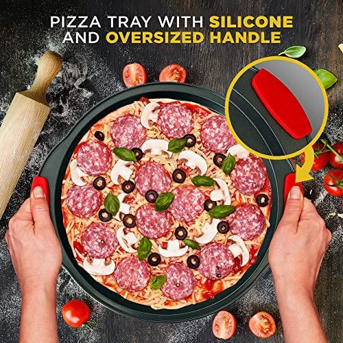 NutriChef Non-Stick Pizza Tray - with Silicone Handle, Round Steel Non-stick Pan with Perforated Holes, Premium Bakeware, Pizza Tray with Silicone and Oversized Handle, Dishwasher Safe - NCBPIZ3 - CookCave