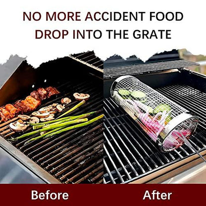 [2 PCS] 2024 New Rolling Grilling Basket BBQ Grill Basket for Outdoor Stainless Steel Grill Mesh bbq Grill Accessories Portable Camping Grill Baskets for Fish, Meat, Vegetable, Shrimp, French Fries - CookCave