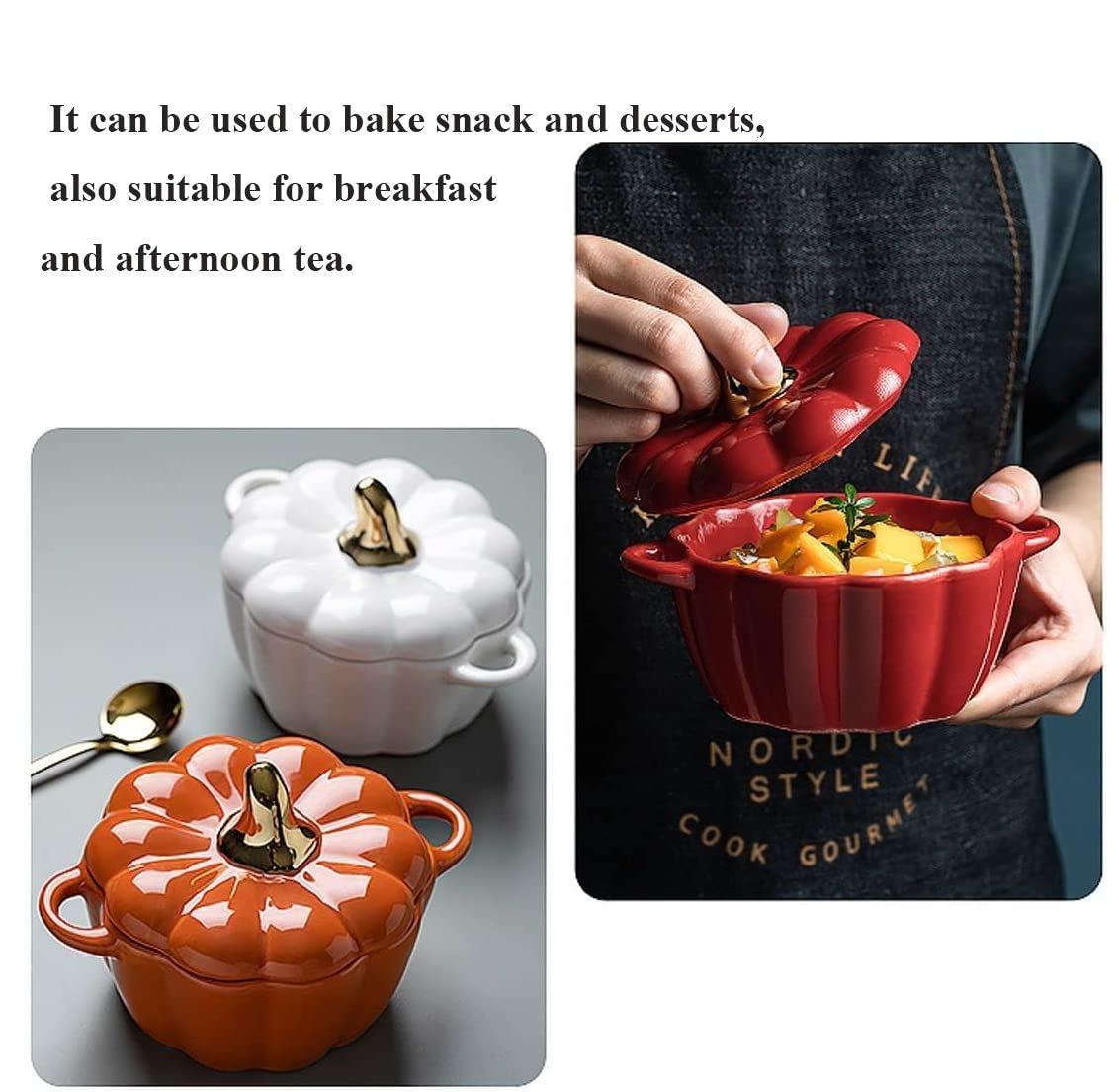 Dutch Oven Pot with Lid, Pumpkin Pottery Dessert Saucepan, Mini Baking Dish Cute Pumpkin Bowl, Covered Dutch Oven Ceramic Stockpot, Pumpkin-Shaped Casserole (Orange) - CookCave