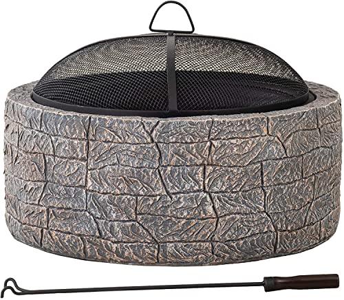 Sunjoy 26 in. Stone Fire Pit, Patio Outdoor Round Wood Burning Fire Pits for Outside with Spark Screen and Poker, Brown & Black - CookCave