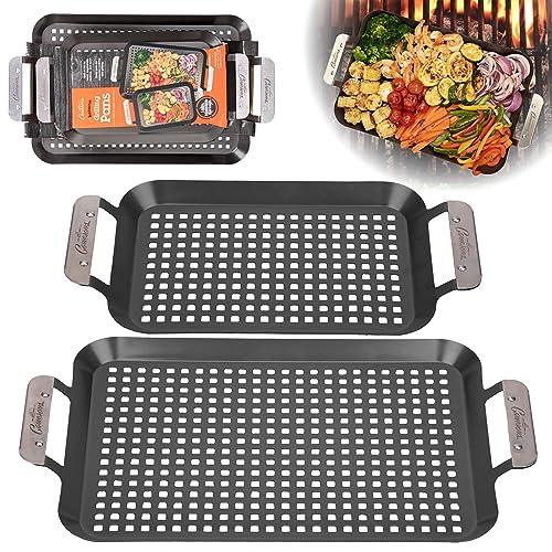 Camerons BBQ Grill Topper Grilling Pans (Set of 2 - Non-Stick Barbecue Trays w Stainless Steel Handles - Indoor Outdoor use for Barbecue & Smoked Meat, Vegetables & Seafood - Grill Accessory Gift Pack - CookCave