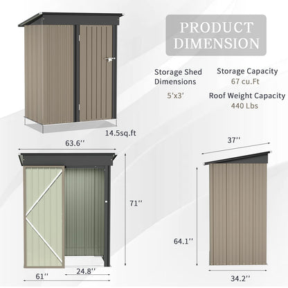 Greesum Metal Outdoor Storage Shed 5FT x 3FT, Steel Utility Tool Shed Storage House with Door & Lock, for Backyard Garden Patio Lawn (5' x 3'), Brown - CookCave