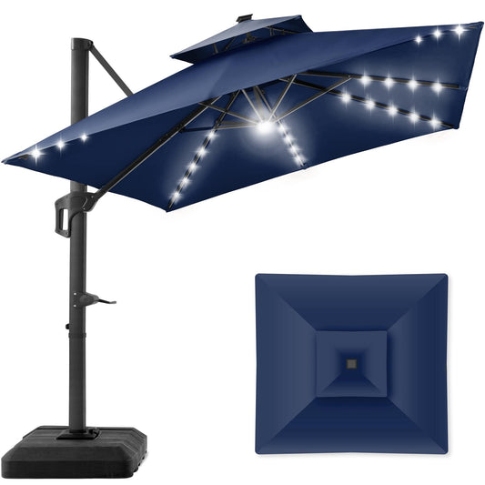 Best Choice Products 10x10ft 2-Tier Square Cantilever Patio Umbrella with Solar LED Lights, Offset Hanging Outdoor Sun Shade for Backyard w/Included Fillable Base, 360 Rotation - Navy Blue - CookCave