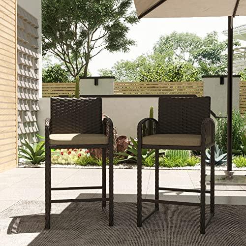 Usinso Outdoor Bar Stools Set of 2, Rattan Bar Height Chairs with Armrests, Footrests, Cushion Beige, All-Weather Wicker Woven Stools for Garden, Backyard, Poolside, Deck(Brown) - CookCave