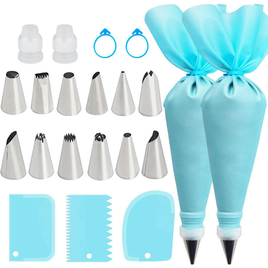 Reusable Piping Bag and Tip Set - Decorating Supplies with 2 Bags, 12 Tips, 2 Rings, 2 Couplers, 3 Scrapers - Cake Baking Tools for Icing Cookies Cupcakes - CookCave