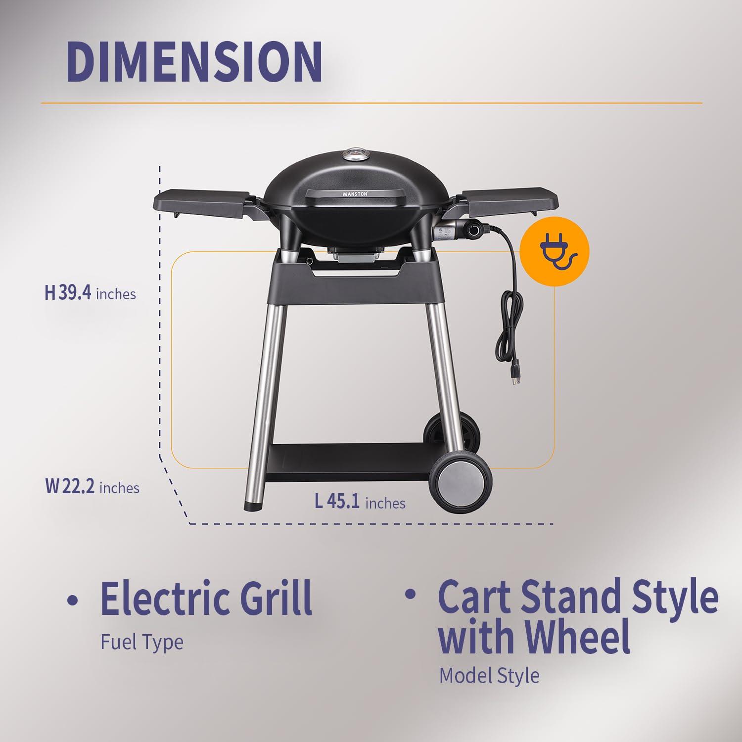 VANSTON Outdoor Electric Barbecue Grill & Smoker with Removable Stand, Cart Style, Black, 1500W Portable and Convenient Camping Grill for Party, Patio, Garden, Backyard, Balcony, Built-In Thermometer - CookCave