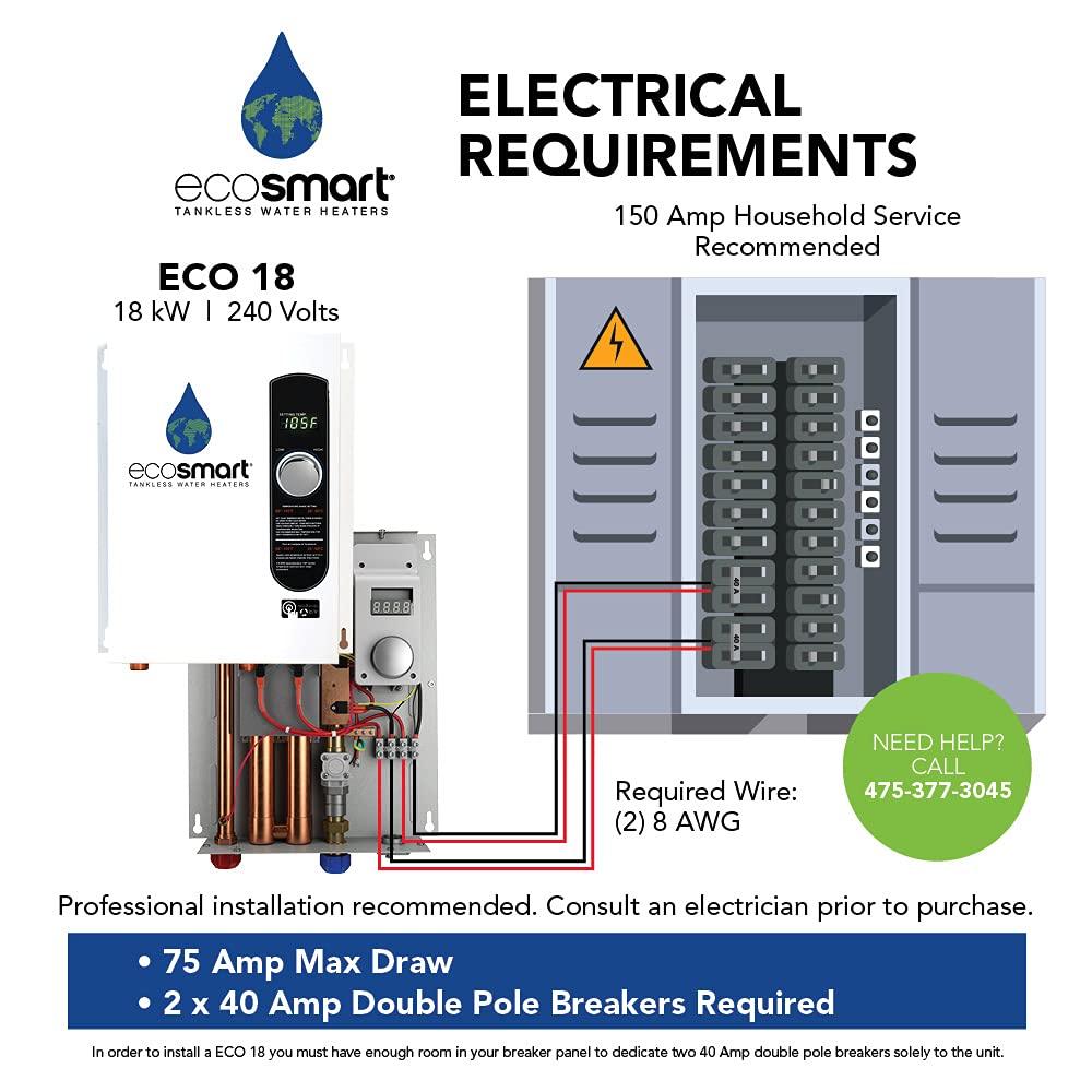 EcoSmart ECO 18 Electric Tankless Water Heater, 18 KW at 240 Volts with Patented Self Modulating Technology , 17 x 14 x 3.5 - CookCave