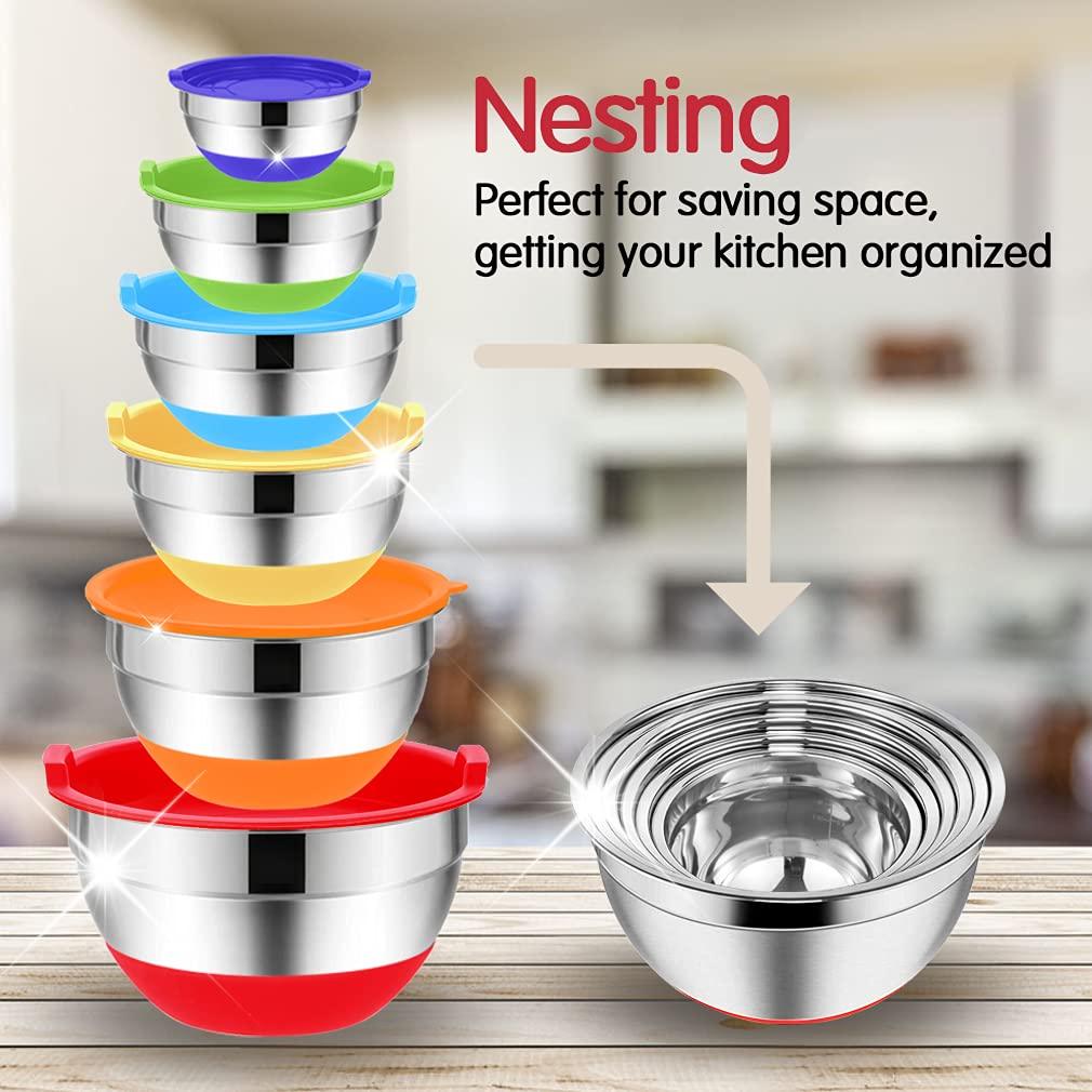 Mixing Bowls with Airtight Lids, 20PCS Stainless Steel Set, Nesting 3 Grater Attachments & Non-Slip Bottoms, Size7, 4, 3, 2, 1.5, 1QT for Baking&Prepping - CookCave